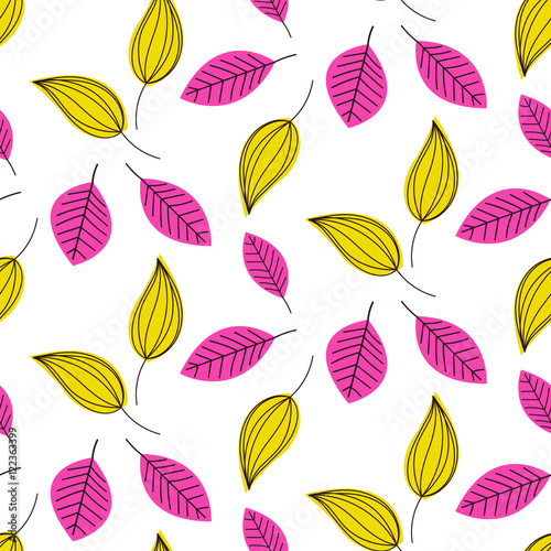 Hand drawn leaves seamless vector pattern. Outline pink and yellow foliage ornament on white background.