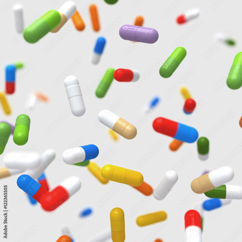 Falling colorful pills - 3D illustration Falling colorful pills - 3D illustration