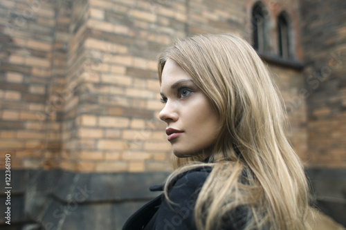 close up outdoor portrait of attractive young blonde female on brick wall background © Sergey Chumakov