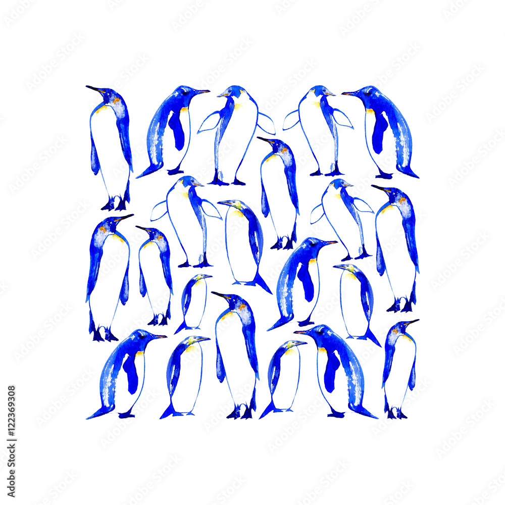 postcard with penguins.arctic animals.watercolor hand drawn