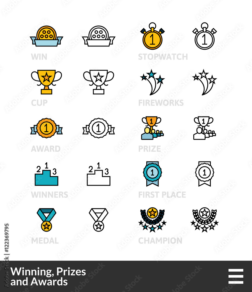 Fototapeta premium Black and color outline icons, thin stroke line style design