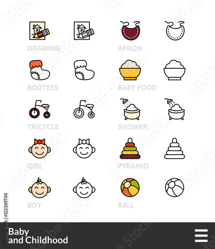 Black and color outline icons, thin stroke line style design