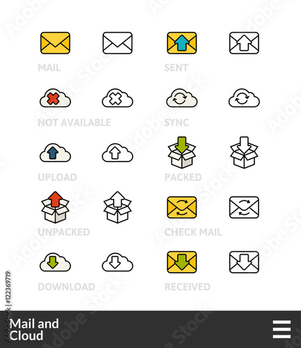 Black and color outline icons, thin stroke line style design