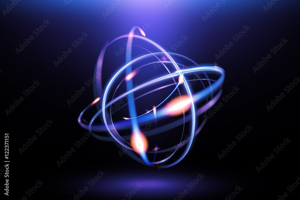 Atom icon. Shining nuclear model on dark background. Glowing energy balls. Atom icon. Shining nuclear model on dark background. Glowing energy balls.