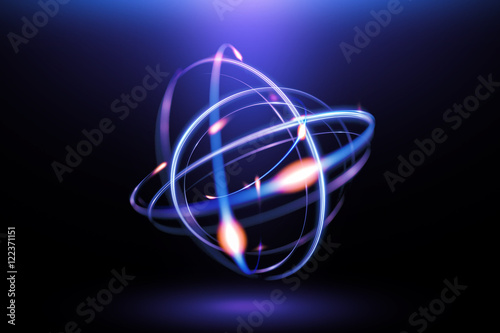 Atom icon. Shining nuclear model on dark background. Glowing energy balls.
