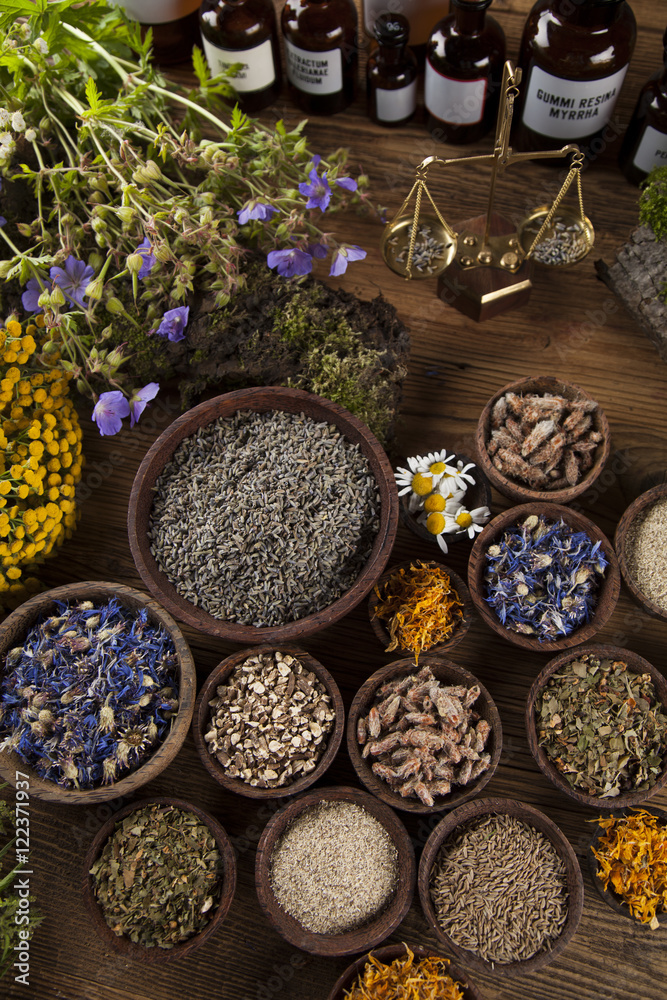 Healing herbs on wooden table, mortar and herbal medicine Healing herbs on wooden table, mortar and herbal medicine