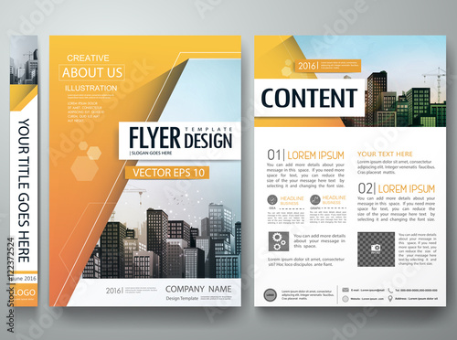Brochure design template vector.City design on A4 brochure layout.Orange abstract hexagon in cover book portfolio presentation poster.Flyers report business magazine poster layout portfolio template.