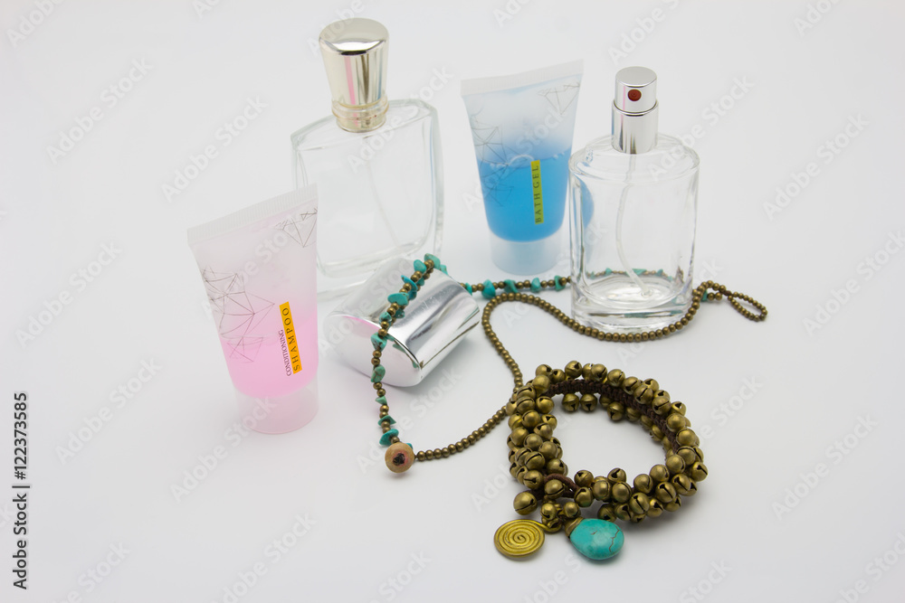 Bracelets bath gel and empty perfume bottles Bracelets bath gel and empty perfume bottles