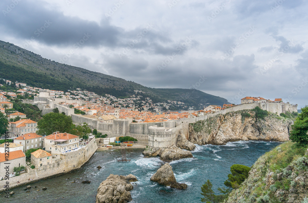 The view of the medieval Dubrovnik's city walls from Fort Lovrijenac, in Croatia.