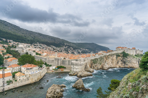 The view of the medieval Dubrovnik's city walls from Fort Lovrijenac, in Croatia.