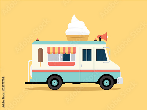 Vector illustration of colorful ice cream truck in flat style