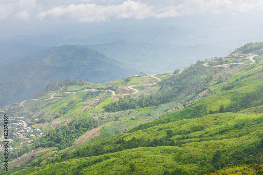 Landscape of the road cuts through the Phu Tubberk mountains in
