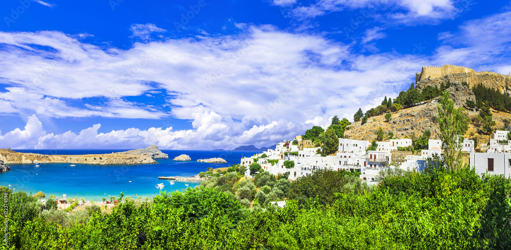 panoramic view of  Lindos bay, village and Acropolis, Rhodes, Greece