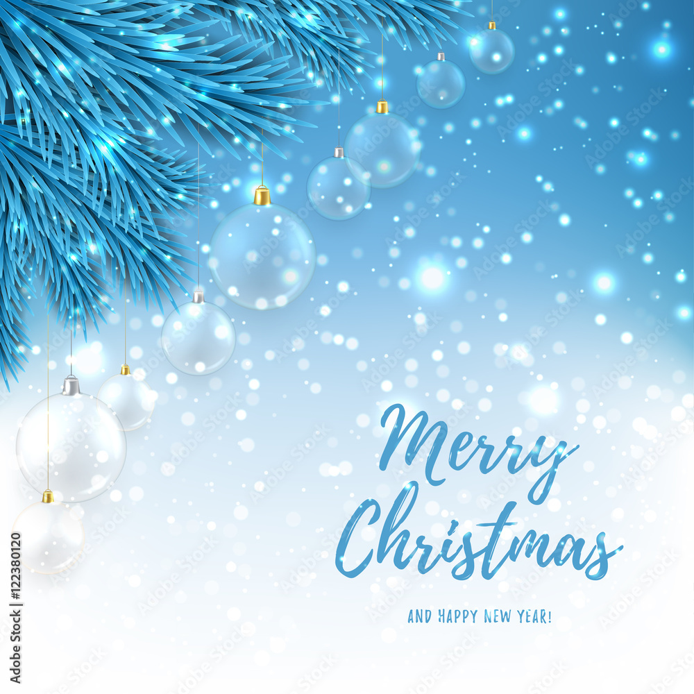 Elegant Christmas background with glass balls. Blue vector illustration with fir branches for xmas design. Happy New Year backdrop with snow and shining light.