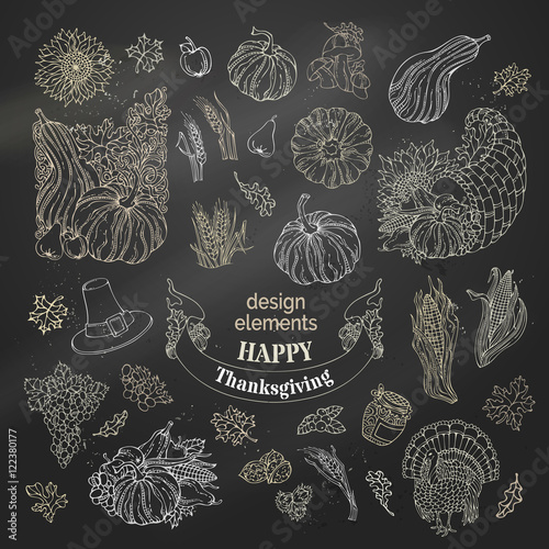 Vector set of chalk Thanksgiving design elements.