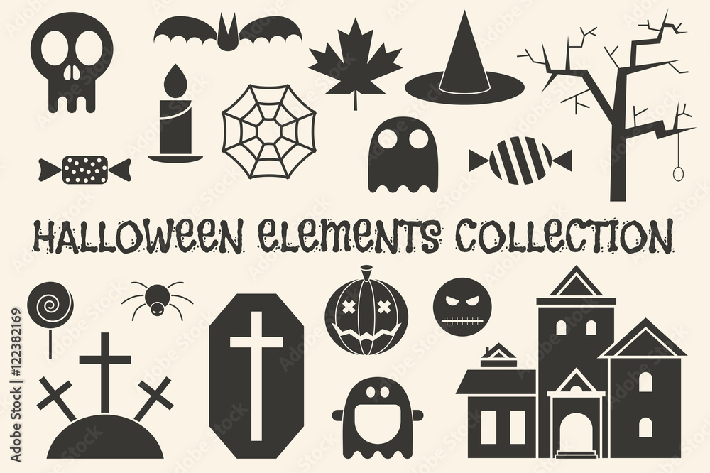 Obraz premium Halloween objects silhouette collection. Ghost, witch hat, pumpkin, mansion, spider web, bat, grave, sweets, lantern, skull and other outline elements.