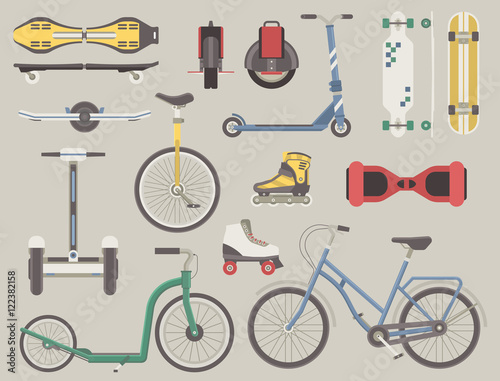 Collection of alternative city transport. Urban wheels and bikes. Kick scooter, monowheel, bicycle, skateboard, longboard, gyroscooter, roller skates, balance board and seagway. Eco transport set.