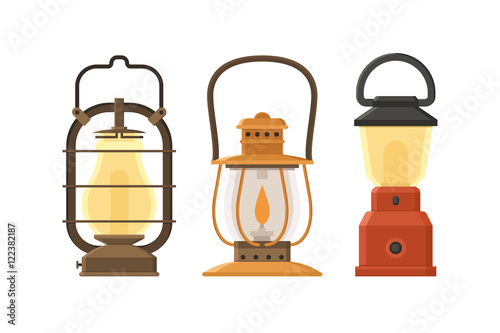 Vintage oil lantern set isolated on white background. Different camping lamp collection. Modern and retro lanterns vector illustration. Various handle gas lamps for tourist hiking.