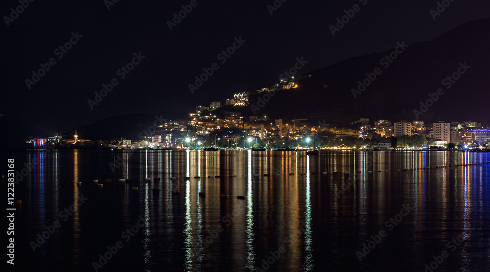 view of the old town of Budva at night