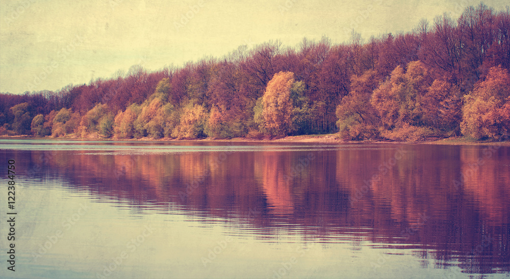 Panoramic landscape with forest lake in autumn rainy day Panoramic landscape with forest lake in autumn rainy day