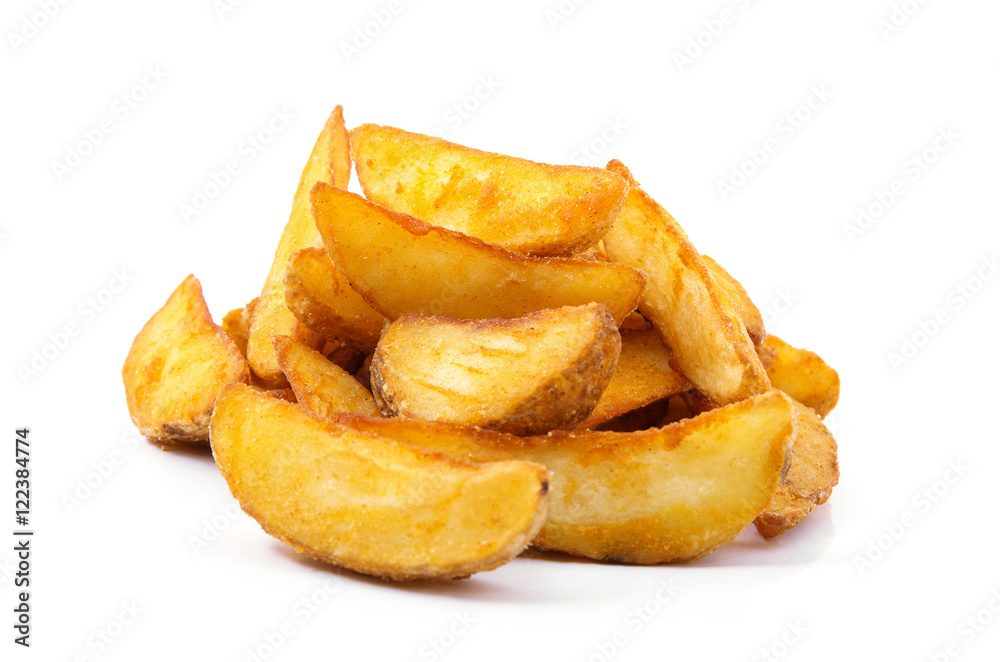 fried Potato wedges. Fast food. Isolated on white