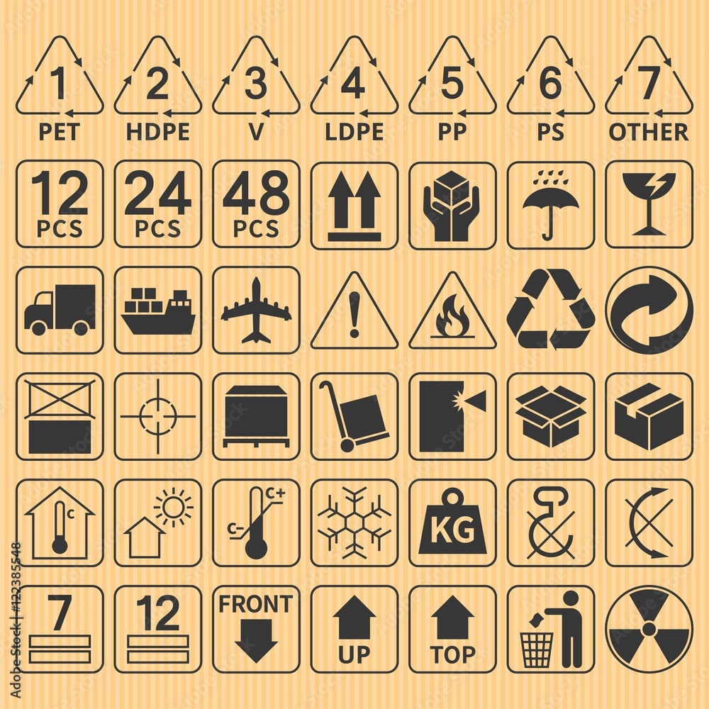 Set Of Packaging Symbols (this Side Up, Handle With Care, Fragile, Keep  Dry, Keep Away From Direct Sunlight, Do Not Drop, Do Not Litter, Use Only  The Trolley, Use Fifo System, Max