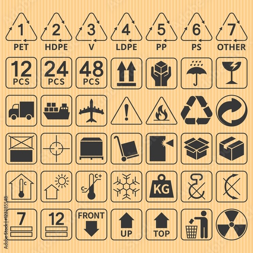 Set of packaging symbol collection,fragile,handle with care,delivery,flammable,max stack,up,top,keep dry,from sun light,do not rotate,recycle sign,plastic type,room temperature,don't hook,use trolley