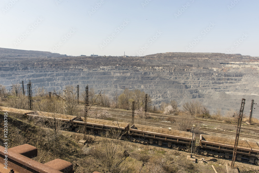 Aerial view of open pit mining of iron ore.