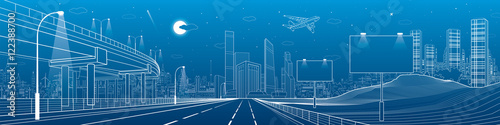 Automotive flyover, architecture and infrastructure panorama, transport overpass, billboards on highway, business center, night city, towers and skyscrapers, white lines urban scene, vector design art
