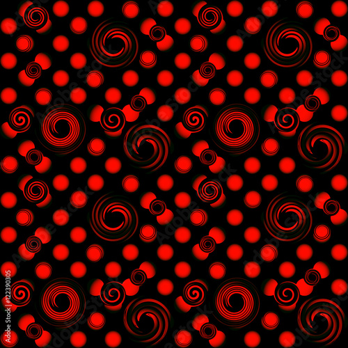 Pattern of red convex balls. Abstract pattern of red spiral circles on a black background.  