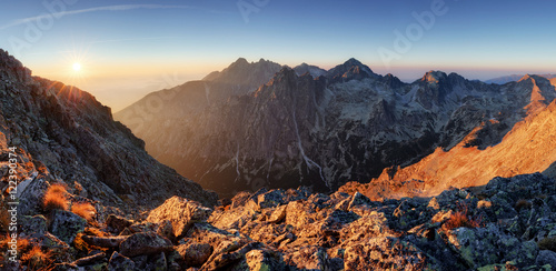 Mountain range with sun in Slovakia, Slavkovsky peak