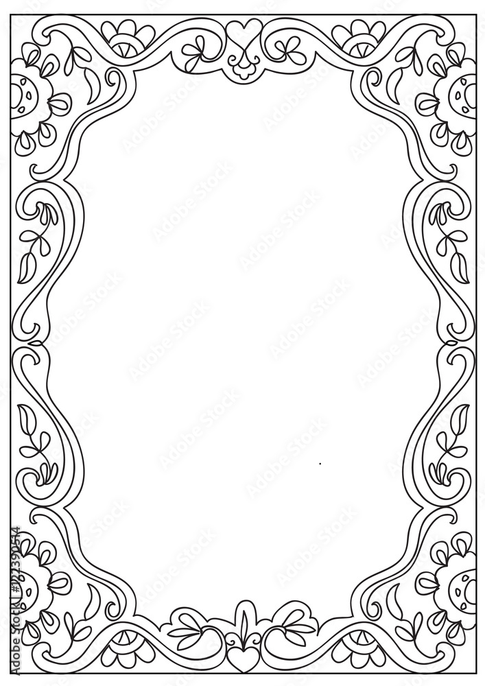 Decorative abstract square a4 format coloring page frame isolated on white
