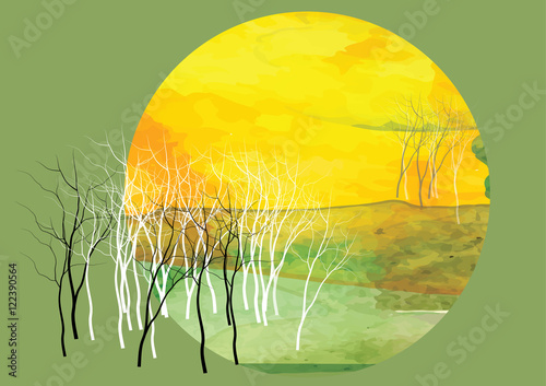 Abstract background with forest and tree to show season change ,vector watercolor brush design ,vector illustration ,invite card