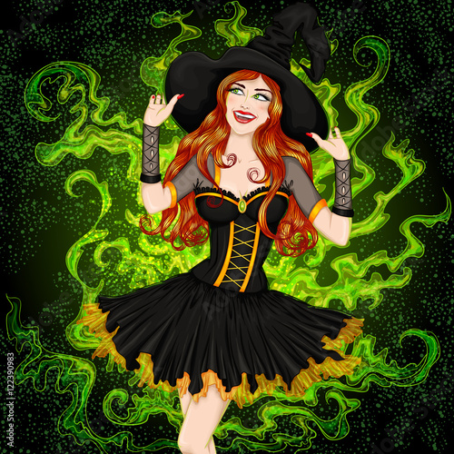 Sexy smiling witch with long hair in a hat on the magic foggy background. Vector illustration