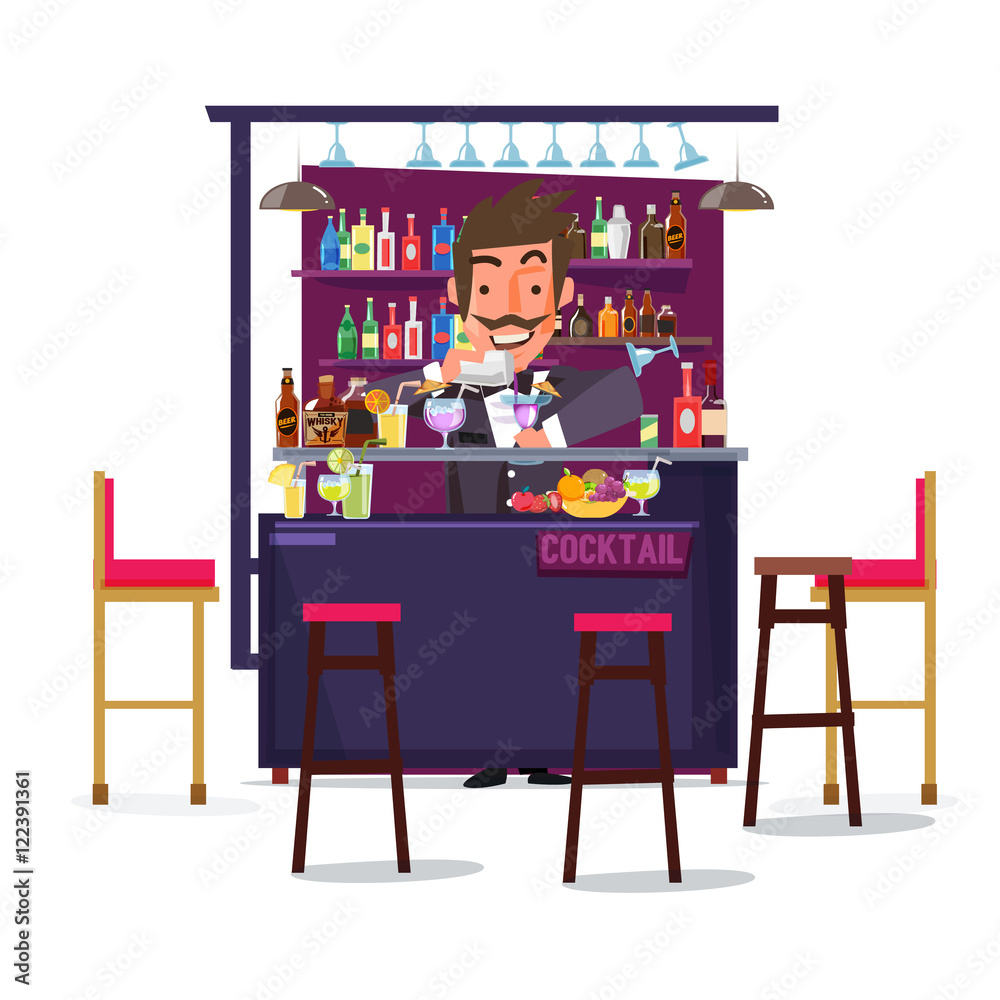 bartender man with bar and cocktail. character design - vector bartender man with bar and cocktail. character design - vector