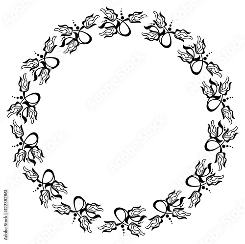 Silhouette flower frame. Simple black and white frame with abstract flowers.Vector clip art.