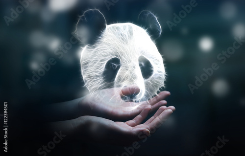 Fototapeta Naklejka Na Ścianę i Meble -  Person holding fractal endangered panda illustration 3D renderin
