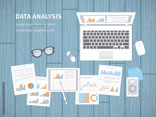 Data analysis concept. Financial Audit, SEO analytics, statistics, strategic, report, management. Charts, graphics on a laptop, tablet, smartphone, documents. View from above. Vector illustration.