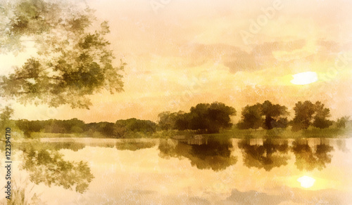 Watercolor background, sunset on a pond, cream