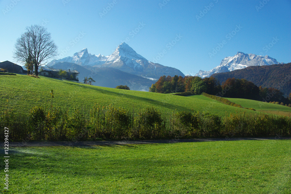 The Watzmann and the Hochkalter from the meadows of Berchtesgaden