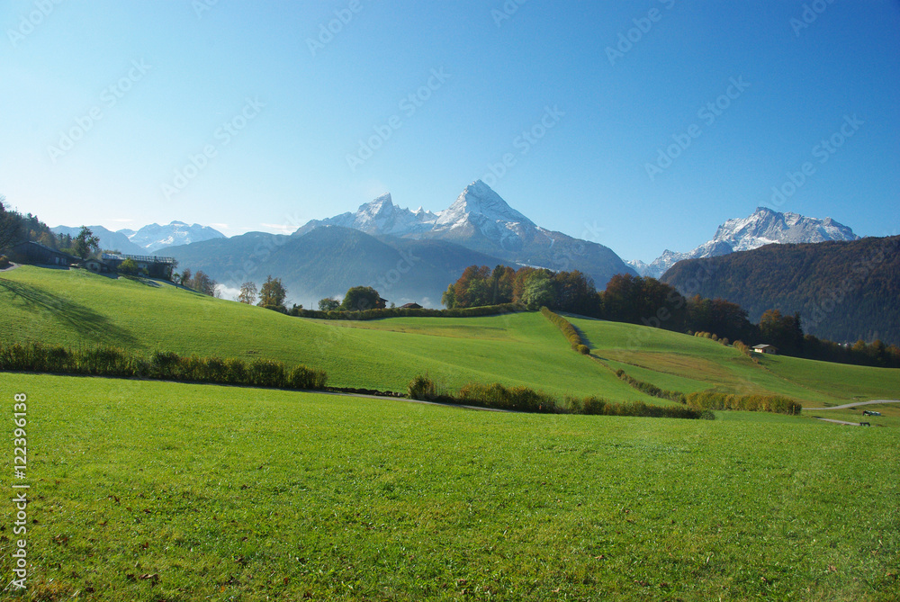 The Watzmann and the Hochkalter from the meadows of Berchtesgaden