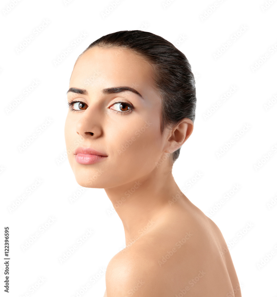 Beautiful young woman with natural makeup on white background Beautiful young woman with natural makeup on white background