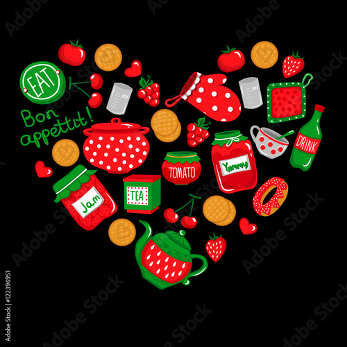 Vector set of kitchen icons in the shape of heart.