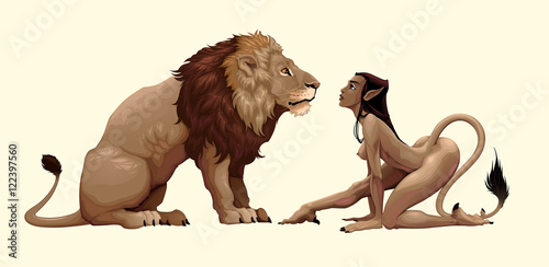 Fototapeta Naklejka Na Ścianę i Meble -  Lion and mythological feminine character are watching each other