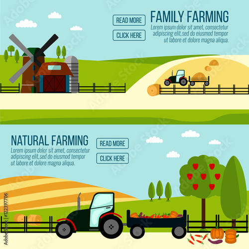 Natural and Famaly Farming banner. Agriculture Farming and Rural landscape background. Elements for info graphic, websites.Retro style banner. Vector illustration.