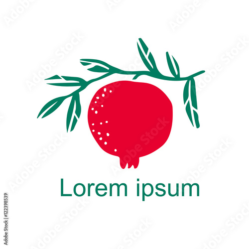 Pomegranate fruit, branch with leaves, logo