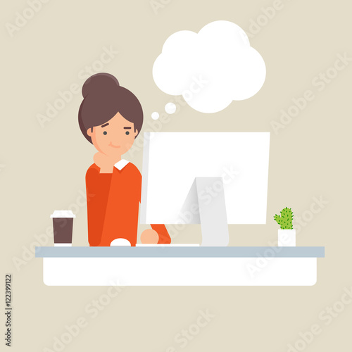 Vector illustration of businesswoman thinking with empty thought bubble