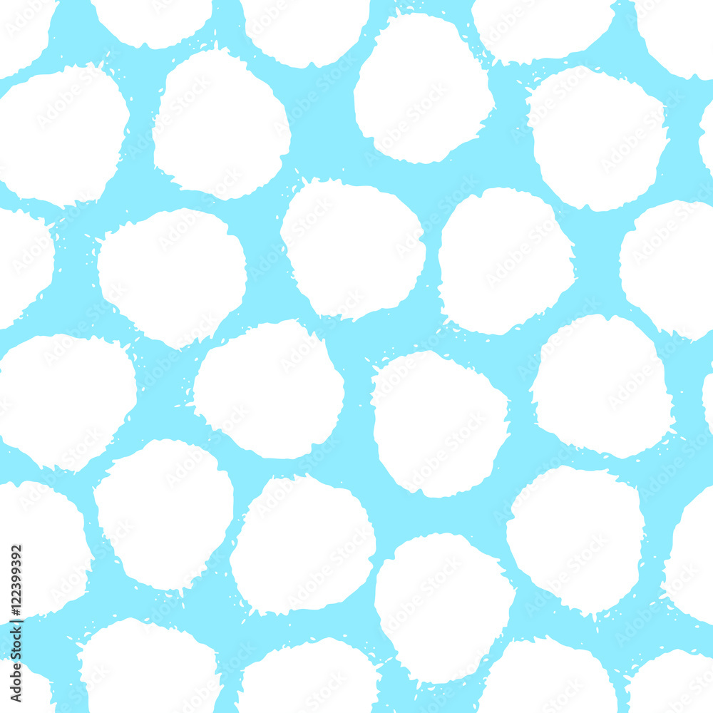 Hand painted seamless pattern with brush strokes in white on blue background. Clouds sky texture background.

