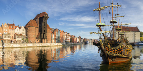 Cityscape of Gdansk in Poland,the walls of the old city reflecting in the Vistula