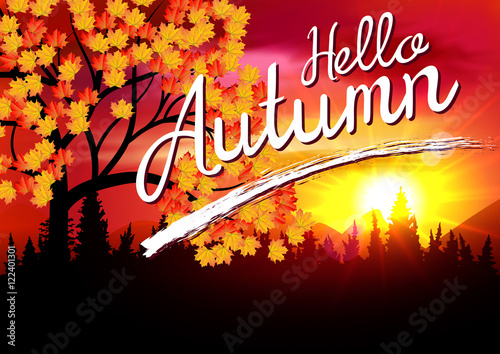 Autumn. Autumn Landscape Banner with Forest . Autumn Sunset Card. Autumn Mountains.